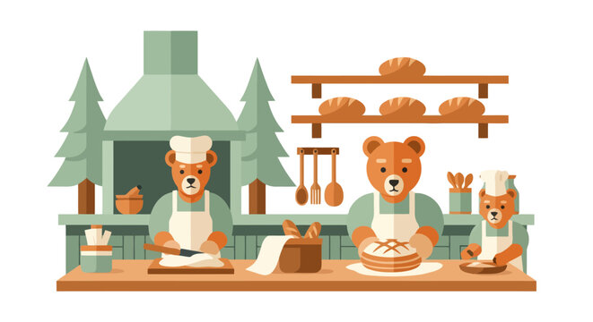 Three bears baking bread in a rustic forest bakery.