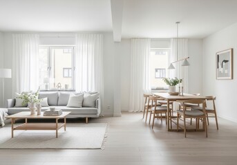 Fototapeta premium Bright scandinavian living and dining room with light wood furniture and neutral tones