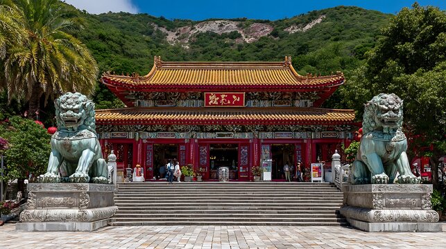 Traditional red chinese temple with stone guardian lions and mountain backdrop background