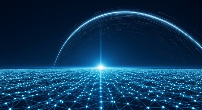 Abstract Digital Network Grid with Glowing Arc Light and Bright Center Point, Futuristic Technology Concept, Data Flow and Connection Background, 3D Render