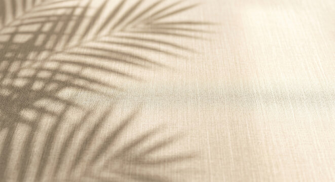 Soft tropical palm shadow on beige linen texture background with natural sunlight