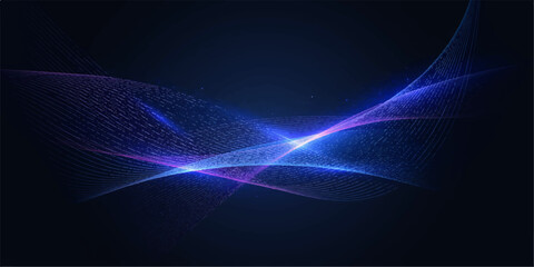 Abstract glowing wave lines of blue and purple light on a dark background, representing data flow or digital technology with a futuristic aesthetic. © LumenCraft