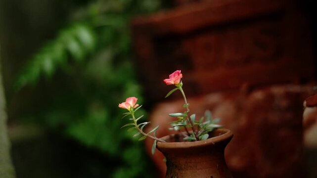 Beautiful Pair of Pink Portulaca Flowers Blooming in Clay Vase