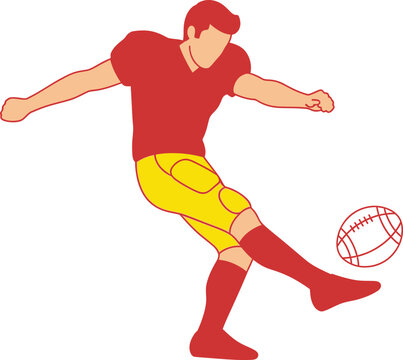 American football player in a red jersey and yellow pants kicks a football.
