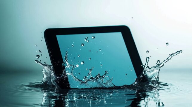 A tablet immersed in water creating a splash effect.