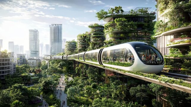 The fusion of nature and technology in a green future city with monorail transport.