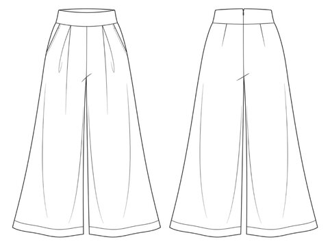 CAD fashion illustration of culottes pants, front and back view, vector drawing