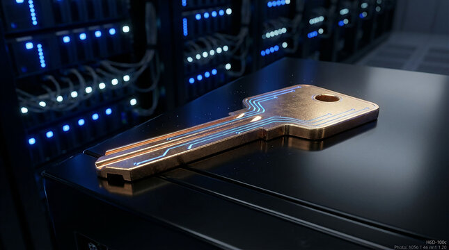 Sleek Gold-Plated Physical Security Key on Dark Server Rack