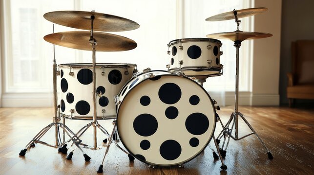 A vibrant white drum set adorned with playful black polka dots.