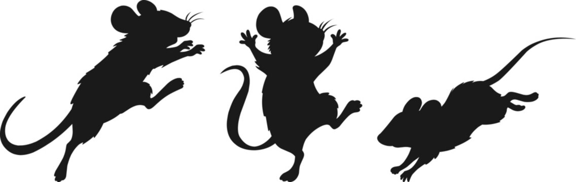 a rodent preparing to leap from one building to another, a comical mouse with hands raised after being caught red-handed or cornered, and a stealthy mouse appearing unexpectedly from an unforeseen