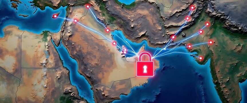 Network connections on Middle East map highlighting cyber attack and data transfer.