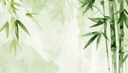 Fototapeta premium Serene Green Bamboo Forest Watercolor Painting with Soft Brushes and Gentle Leaves