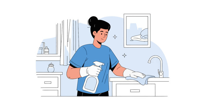 Flat vector illustration of a woman wearing protective gloves cleaning a kitchen countertop and sink using a detergent spray bottle and a blue rag in a modern domestic kitchen.