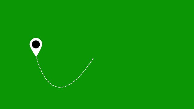 Animated aviation travel route, airplane moving along dotted path with location pins, simple tourism motion graphic for travel stories, green screen background alpha channel 4k video