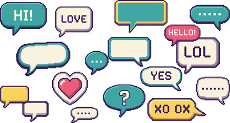 Retro pixel art speech bubble elements with dialogue communication collection graphics elements notification question ellipses colorful isometric interface © cons class
