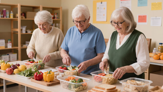 Senior volunteers packing healthy meals for community wellness outreach program