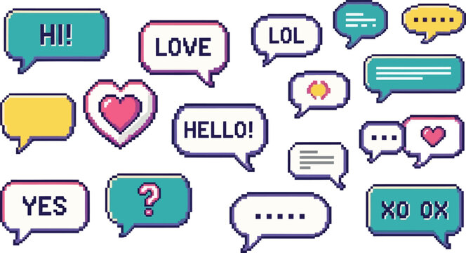 Pixel art chat bubbles collection set with communication dialogue elements collection thinking notification illustration interface question ellipses colorful