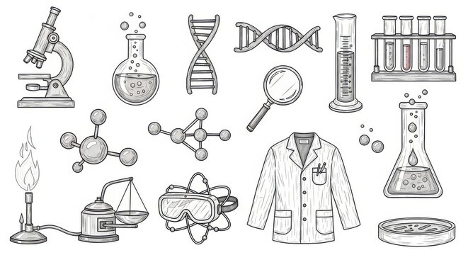 Scientific Laboratory Equipment and Symbols Illustration on White Background