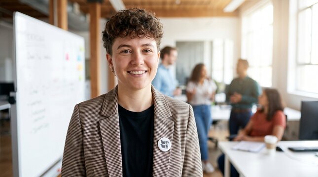 Portrait of Smiling Non-Binary Employee Wearing They/Them Pronoun Pin
