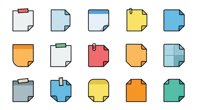 Collection of colorful sticky notes and paper sheets with folded corners.
