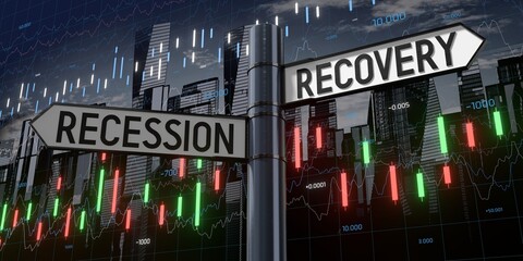 Fototapeta premium Recession and recovery - signpost with two arrows and financial data - 3D illustration
