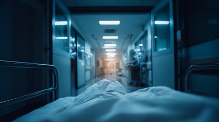 Fototapeta premium A serene view from a hospital bed looking down a quiet corridor illuminated by soft light symbolizing hope and recovery in a medical environment. Generative AI