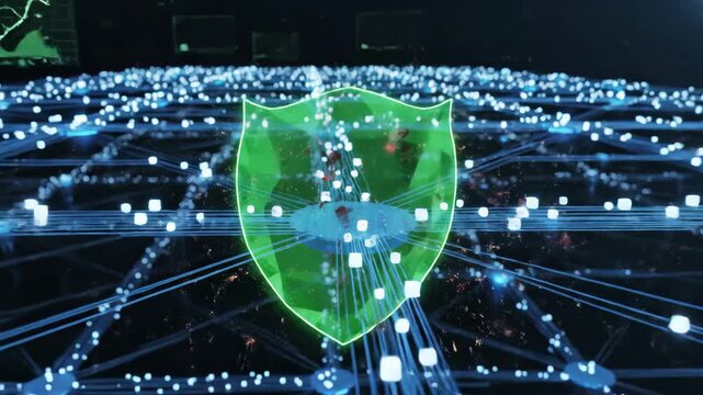 Glowing shield protecting a digital network infrastructure from cyber attacks with financial data charts displayed above