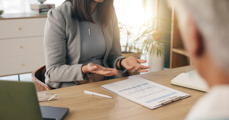 Office, hands or old person with consultant for discussion, will contract or asset list for beneficiary. Appointment, lawyer or people with power of attorney agreement, laptop or retirement planning © peopleimages.com