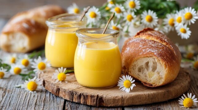 Delicious breakfast with fresh croissants and creamy lemon curd in beautiful jars surrounded by daisies on a rustic wooden board. Generative AI
