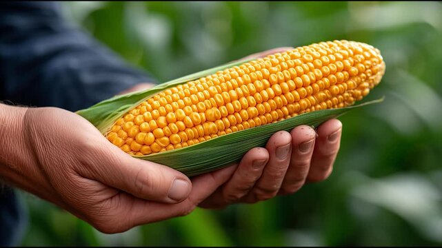 Farmer holding fresh corn cob in hand in agricultural field, harvest season and organic farming concept with natural light and rural background