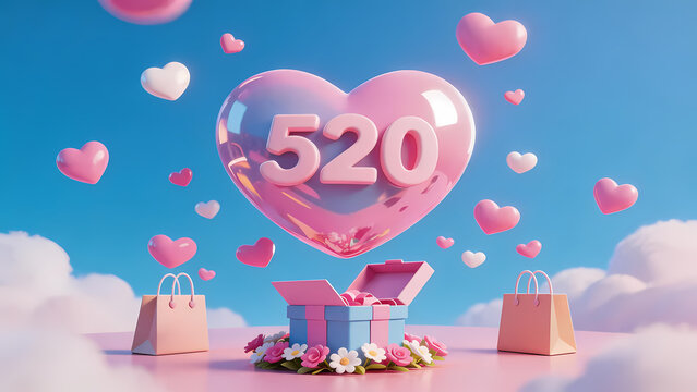 Pink heart balloon with 520 on blue sky
