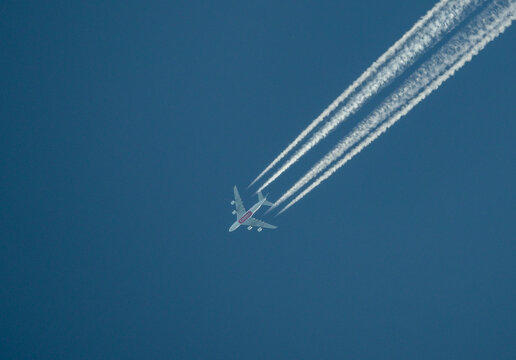 Boeing airliner belonging to the company "Emirates". High-altitude passenger plane. Romania, Gorj. May, 28, 2026.