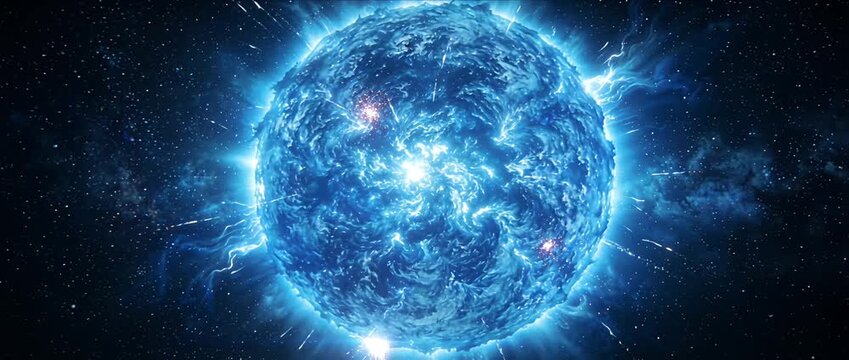 Blue energy sphere cosmic explosion science fiction electric plasma glowing star outer space abstract universe galactic futuristic pulses with electric plasma glowing energy corona dynamic plasma