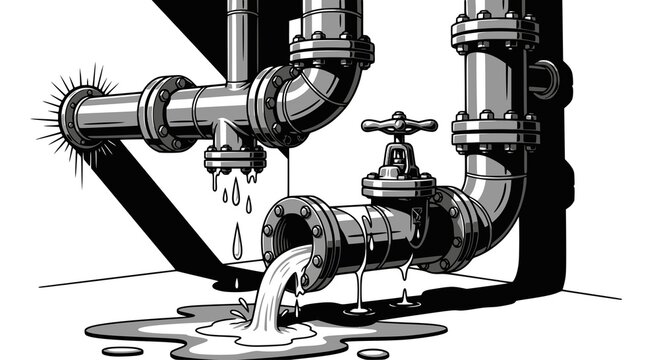 Leaking pipe with flowing water, cartoon illustration. Concept of economical water consumption. Vector illustration, JPEG version.