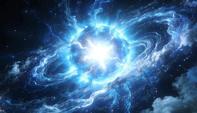 Cosmic explosion energy deep space starburst bright blue nebula swirl fantasy background with glowing star explosion cosmic storm electric light vortex and majestic galaxy cloud powerful celestial