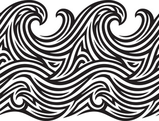 Fototapeta premium Abstract ocean wave pattern with tribal style curves and sea tide ripples for surf branding and coastal design background vector illustration art.
