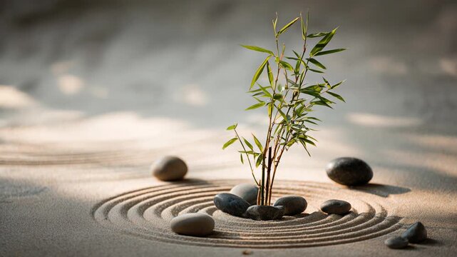 Serene Zen Garden with Bamboo and Raked Sand Patterns