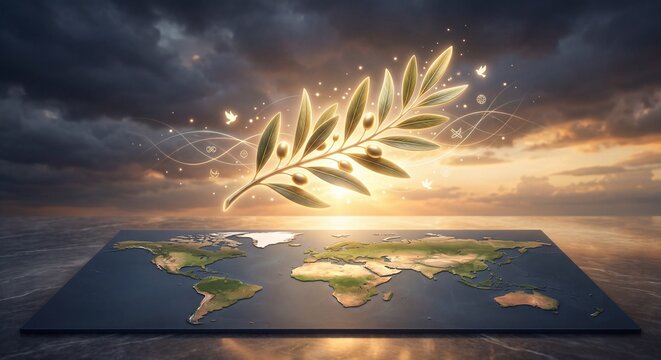 olive branch over world map photo peace symbol global international unity diplomacy clouds sky horizon sunlight nature geography
