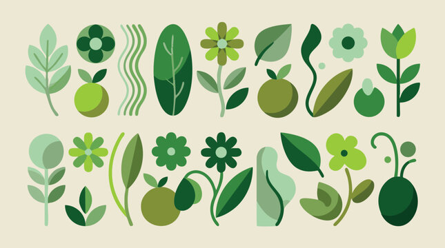 Green botanical plant elements and leaves illustration on light beige background minimal style