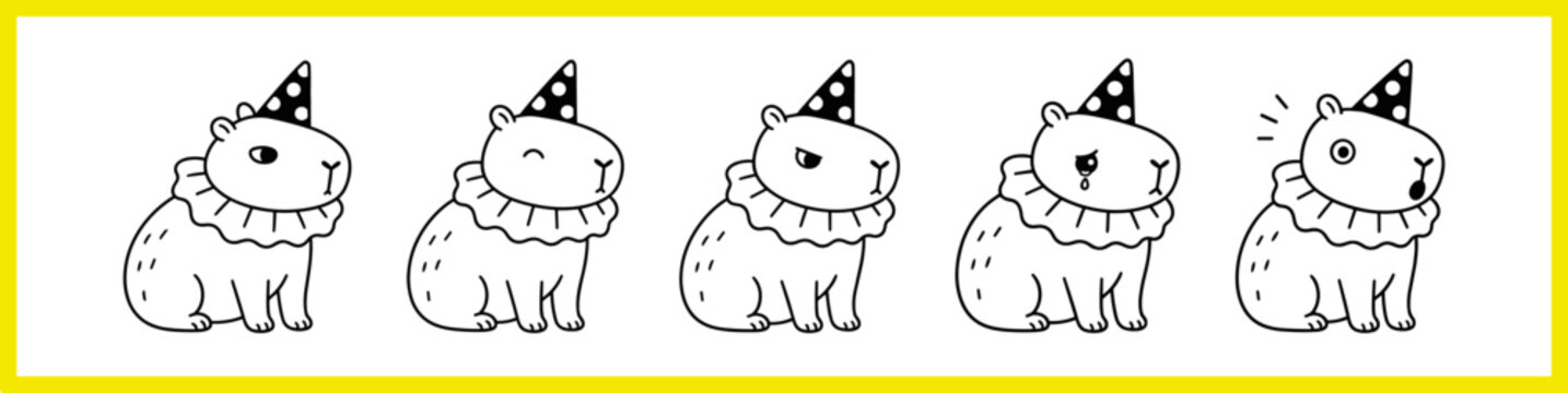 Cute capybara emotion set with funny expressions in kawaii style. Perfect for stickers, kids products, social media and merch.