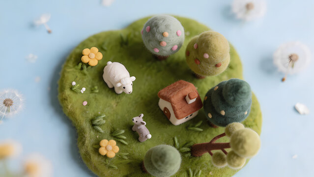 Cute miniature moss world with flowers and toys