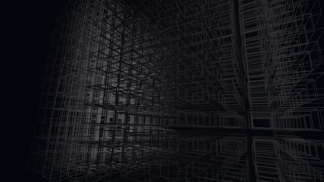 Abstract generative grid animation - seamless 4K loop. 3D geometric boxes pulse with data-driven displacement. Technology and data visualization background.
