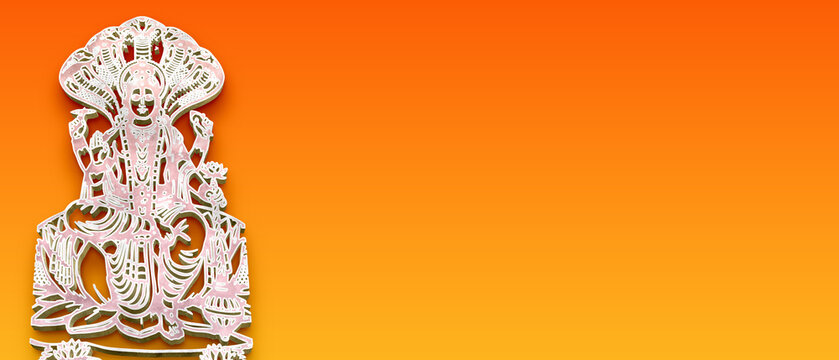 Lord Vishnu Resting on Sheshnag Outline Illustration on Orange Gradient Banner Background