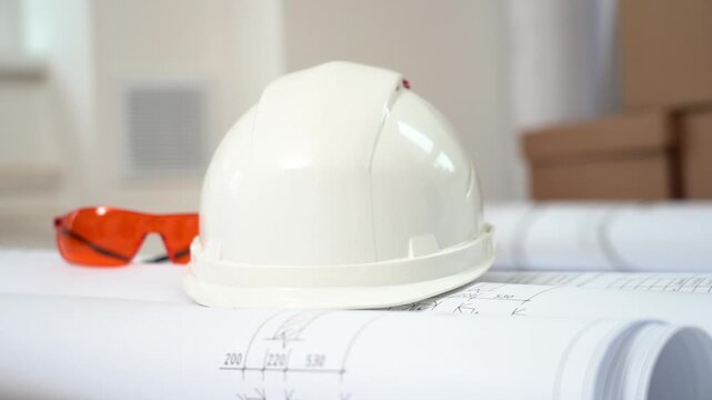 White hard hat rests on blueprints. Orange safety glasses lie nearby. Technical drawings cover rolled paper. Cardboard boxes stack in soft focus. Office setting suggests professional work