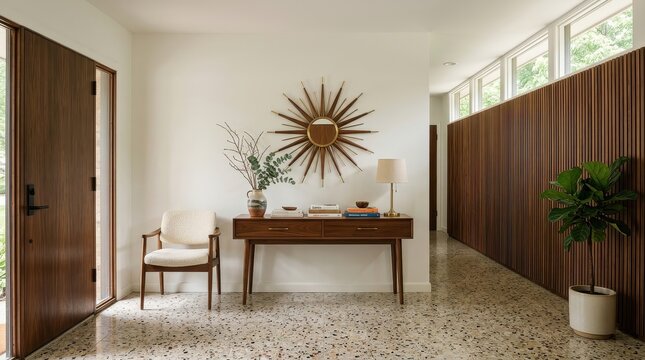 Mid-century modern foyer interior with sunburst mirror and wooden console table
