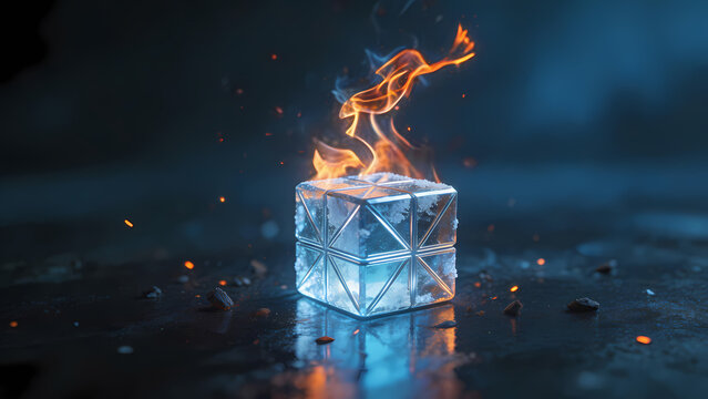 Burning ice cube in dark blue