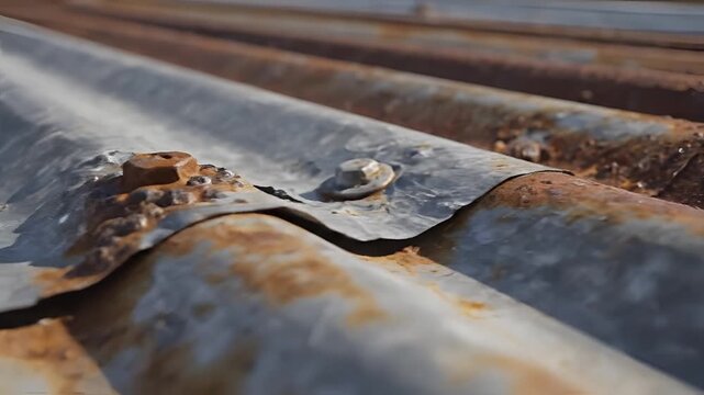 Closeup of Rusted Corrugated Metal Roofing Texture and Surface Detail.