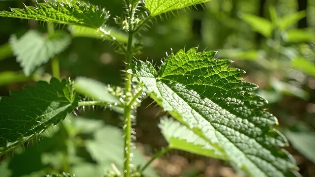 Closeup of stinging nettle plant with green leaves and fuzzy stem in sunlight.