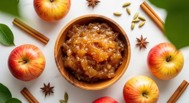 Fresh apples and homemade apple compote in a wooden bowl surrounded by cinnamon sticks and star anise
