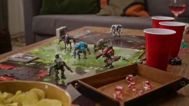Close up no people shot of tabletop strategy game with miniature combat robots, cards, and dice on wooden coffee table with snacks and drinks in cozy living room